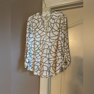 Michael Kors White Blouse with Gold Chain-Print and Zip Detail